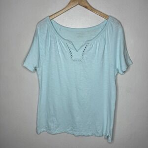 Talbots Light Blue Lace Trim Split Neck Cotton Tee Shirt Womens Medium Tshirt